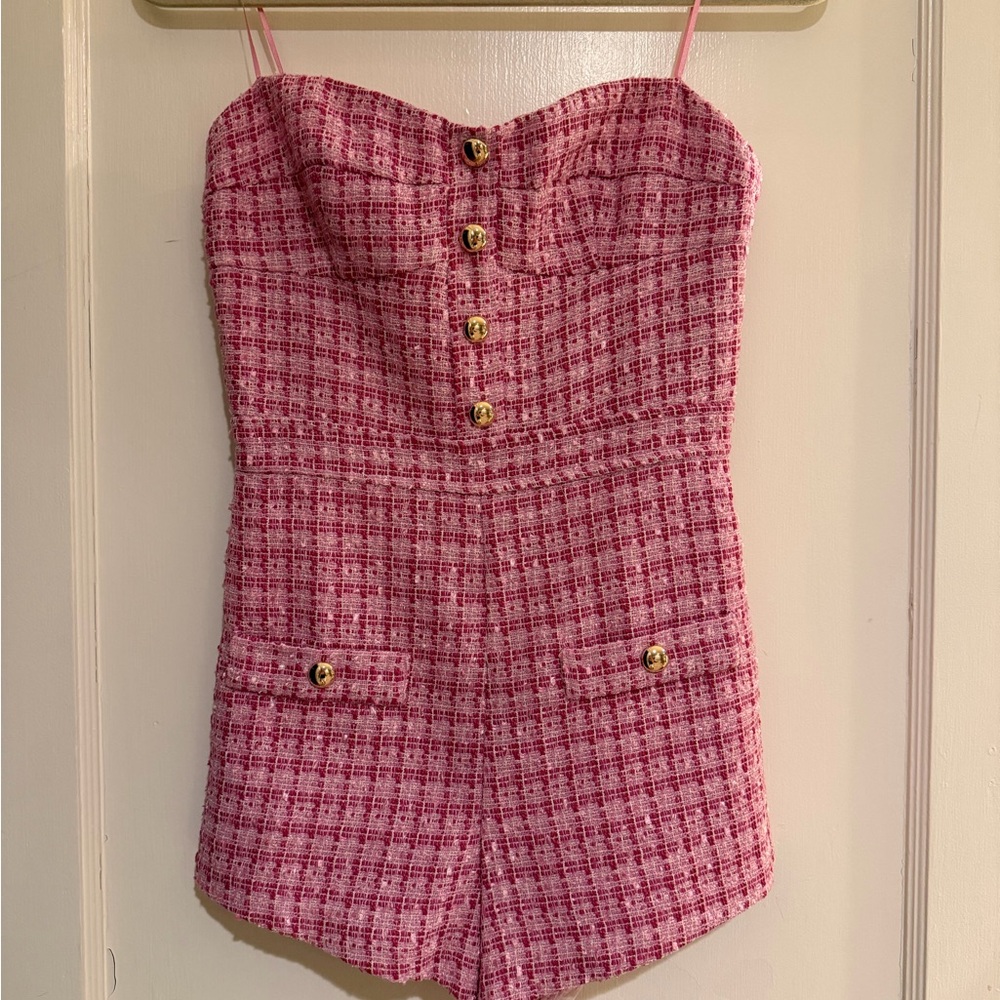 Amanda Uprichard Pink Tweed Romper with Gold Buttons